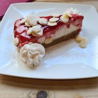 White choclate and strawberry cheesecake at Sora Lella Roman Vegan Restaurant in Edinburgh