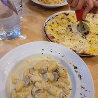 Top: Penne Quattro Formaggi, Middle: Pizza Carbonara,  Bottom: Gnocchi Tartufata at Sora Lella Roman Vegan Restaurant in Edinburgh