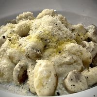 Gnocchi with truffle cream and sausage  at Sora Lella Roman Vegan Restaurant in Edinburgh
