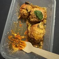 zoccolette fritte all’ arrabbiata e parmigiana  at Sora Lella Roman Vegan Restaurant in Edinburgh