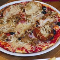 'Meat' feast pizza at Sora Lella Roman Vegan Restaurant in Edinburgh