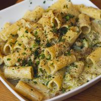 Broccoli and mushroom rigatoni at Sora Lella Roman Vegan Restaurant in Edinburgh