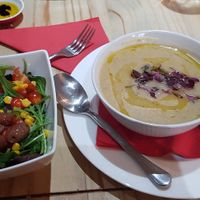 Potato and chickpea soup with side salad (with ricotta) at Sora Lella Roman Vegan Restaurant in Edinburgh