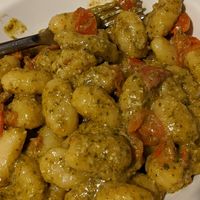 Pesto gnocchi take away at Sora Lella Roman Vegan Restaurant in Edinburgh
