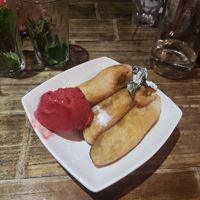 Fried banana with sorbet at Pho in Manchester