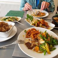 Combo, Sticky non beef,  fried rice and vegetables. at Ruyi Vegetarian House  in Manchester