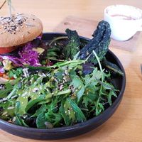 The Barefoot Burger: the relish is wonderful, and even the veggies are a delight. The crunchy dried leaf greens are a tasty revelation. at Barefoot Eatery in Christchurch