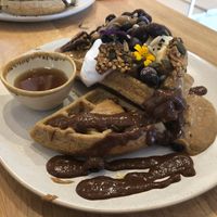Buckwheat waffles with peanut butter and blackcurrants  at Barefoot Eatery in Christchurch