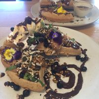Peanut butter waffles and Nutella waffles - we decided the Nutella waffles won but it was a close call!  at Barefoot Eatery in Christchurch