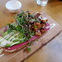 Beet hummus, potato, avocado toast. at Nice Sprout in Houston