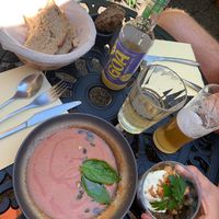 Vegan (left, Gazpacho) and Vegetarian Starter at La Chèvre et Le Chou in Sarlat-la-caneda