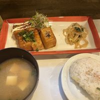 Ginger tofu, miso soup and rice  at Fujifuku in Tokyo