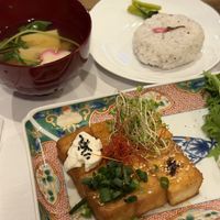 tofu steak, sakura rice, miso soup  at Fujifuku in Tokyo