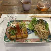 Tofu steak with the BEST homemade mayonnaise and an Onigir on the side 😍  at Fujifuku in Tokyo