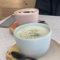 Bon soy latte and bon soy matcha espresso latte at my bowl in Osaka