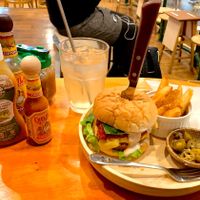 Falafel burger set with vegan cheese, fries and lemonade. at Falafel Brothers - Shibuya in Tokyo
