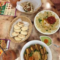 Falafel salad, hummus bowl, falafel pita and guava juice! Notice the reusable steel straws!  at Falafel Brothers - Shibuya in Tokyo