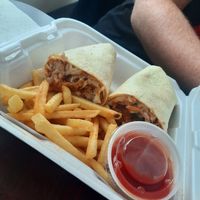 Vegan BBQ chicken wrap with fries at Yes It's Fresh in Cleveland