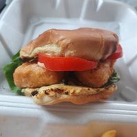 Closeup of vegan fish sandwich at Yes It's Fresh in Cleveland