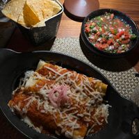 vegan enchiladas and complimentary chips and salsa  at Toca Madera in Scottsdale