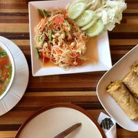 Tom Yum Soup, Papaya Salad and Indian Wrap, all vegan at Flavours Of India in Khao Lak