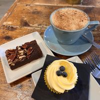 pecan brownie, lemon blueberry cupcake & chai lattee  at Cloud 9 in Brighton