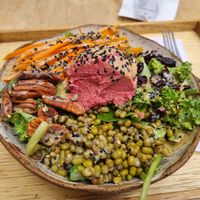 Gergelina salad, with the hummus ball partially eaten😁 at Paraíso Bowls in Porto Alegre