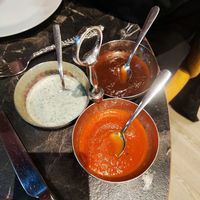 Sauces that came with fried ocra #Veganuary at Mangal's Kitchen GmbH in Hannover