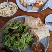 Sweet french toast, Mac and cheese (mostly cheese), sausage egg potato burrito (really bland and cold; bland salad too) at Plum Bistro in Seattle