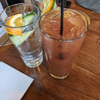 Bloody Mary no snacks but water with 2 at Plum Bistro in Seattle