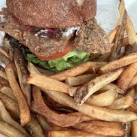 Black pepper “chicken” burger with fries #Veganuary at Plum Bistro in Seattle