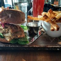 Fried Chick'n Burger with Fries & Blueberry Lemonade at Plum Bistro in Seattle