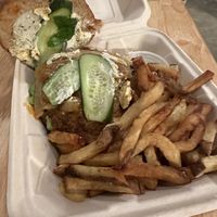 Buffalo Portobello burger with top-notch fries   at Plum Bistro in Seattle