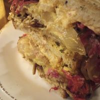 Reuben  up close, two halves stacked at Plum Bistro in Seattle