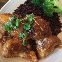General tso cauliflower soooo crispy with forbidden rice at Plum Bistro in Seattle