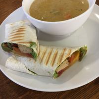 Tofu, veg and pesto wrap with soup of the day. at Nourish in Inverness
