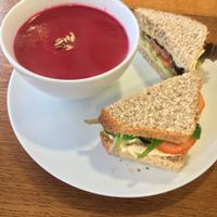 Hummus and salad sandwich with beetroot, apple and ginger soup. at Nourish in Inverness