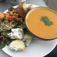 Sweet potato, coconut & lime soup with 3 mixed salads with gf bread at Nourish in Inverness