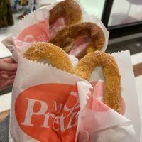 Cinnamon and sugar pretzel and banana and sugar pretzel at Mr. Pretzels in Porto Alegre