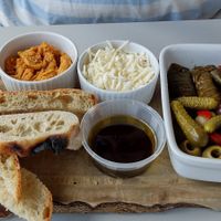 Vegan antipasti board with vegan cheese shreds at Shoreline in Paignton