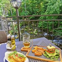 Lasagne and bean Burger without a bun with sweet potato chips  at Bistorante 654 in Szklarska Poreba