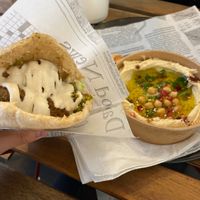Falafel pita and hummus side at Maha in Brussels