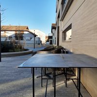 Outdoor seating on back side (closed for winter) at Scanaua in Schaan