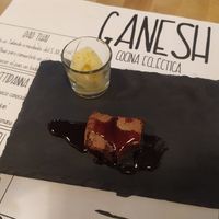 Brownie with ginger sorbet. at Ganesh Cocina Ecléctica in Xativa