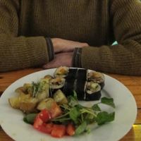 Sushi, potatoes, and salad. We ate the soup before we could take a photo! at de Peper in Amsterdam