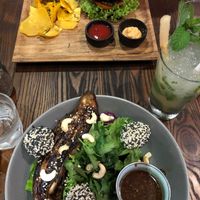 Burger and miso eggplant  at Sugar Rock in Pecatu
