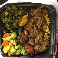 jerk ";un-duck";, brown rice, curry vegetables, and collards  at Healthful Essence in Atlanta