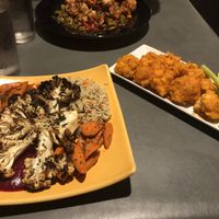 Vegan tofu stir fry, vegan cauliflower wings, vegetarian cauliflower steak (vegan except honey) at TJ's in Wooster