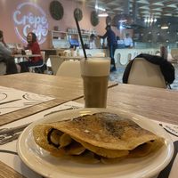 Vegan dark chocolate with bananas and a vegan banana milk coffee   at CrepeCafe in Astana