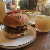 BBQ seitan burger, non-alcoholic cider & non-egg sandwich  at Mission in Moscow